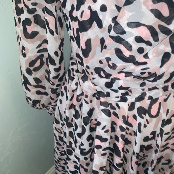 Eliza J. Animal print cheetah pink black midi maxi wrap v neck dress flowy sz 6 - Picture 7 of 16